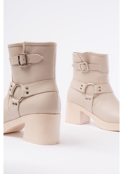 5109-3042 Bej Toka Aksesuarlı Fermuarlı Kalın Topuklu Günlük Kadın Bot indirimleri