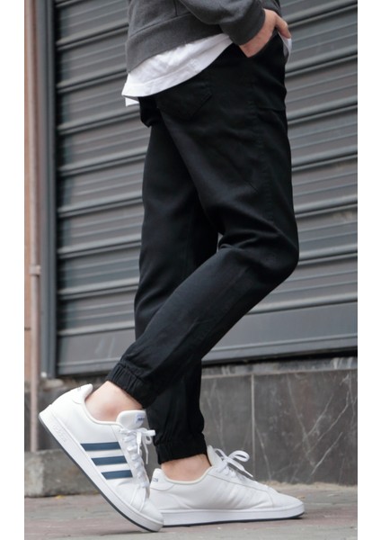 Erkek Siyah Jogger Kot Pantolon - Lastikli Bel ve Paça, Yıkamalı Denim