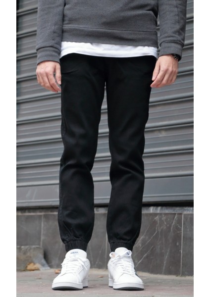 Erkek Siyah Jogger Kot Pantolon - Lastikli Bel ve Paça, Yıkamalı Denim fiyatları