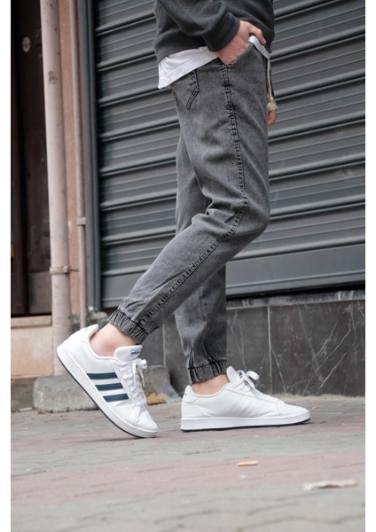 Erkek Gri Jogger Kot Pantolon - Lastikli Bel ve Paça, Yıkamalı Denim