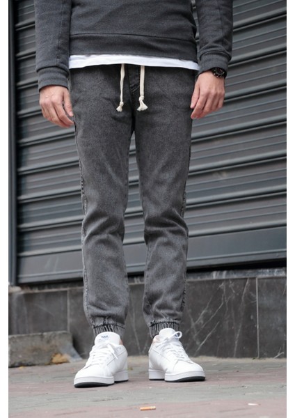 Erkek Gri Jogger Kot Pantolon - Lastikli Bel ve Paça, Yıkamalı Denim fiyatları