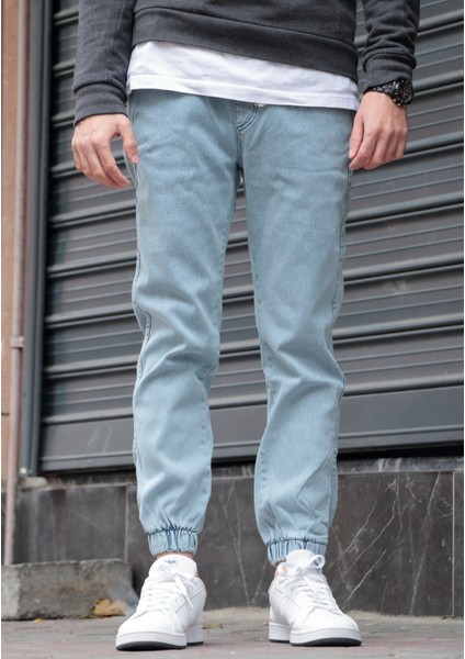 Erkek Buz Mavisi Jogger Kot Pantolon - Lastikli Bel ve Paça, Yıkamalı Denim fiyatları