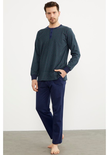 Desenli Düğmeli Yaka Pijama Takım - Lacivert