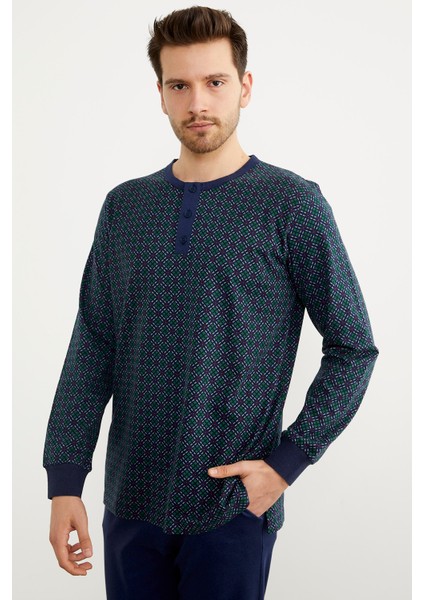 Desenli Düğmeli Yaka Pijama Takım - Lacivert fırsatları