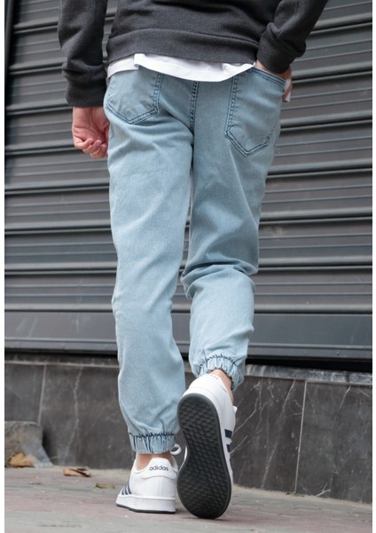 Erkek Buz Mavisi Jogger Kot Pantolon - Lastikli Bel ve Paça, Yıkamalı Denim