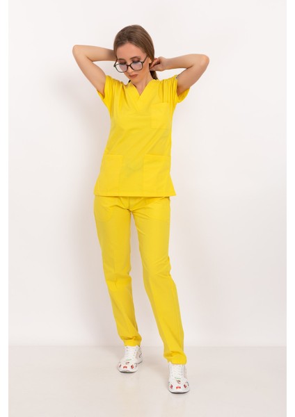 Sarı Terikoton Doktor Hemşire Hastane Scrubs Üniforma Takımı fiyatları