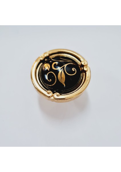 Porselen Düğme Kulp Metal Gold Siyah Desenli / 5 Adet