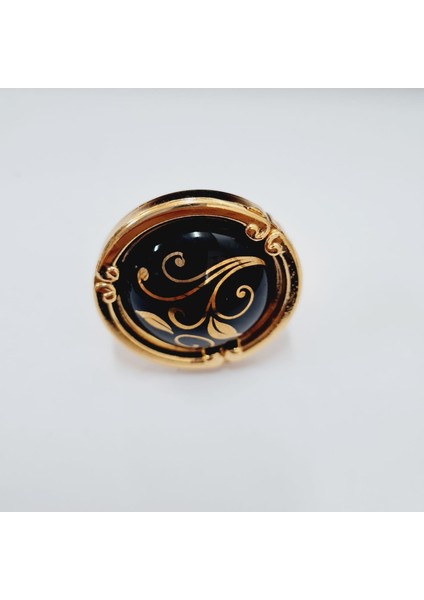 Porselen Düğme Kulp Metal Gold Siyah Desenli / 5 Adet