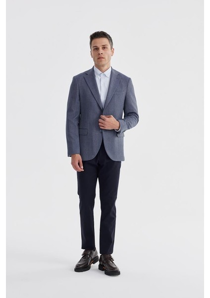 Lacivert Slim Fit Ekose Kareli Çift Yırtmaçlı Ceket