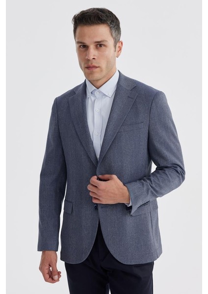 Lacivert Slim Fit Ekose Kareli Çift Yırtmaçlı Ceket