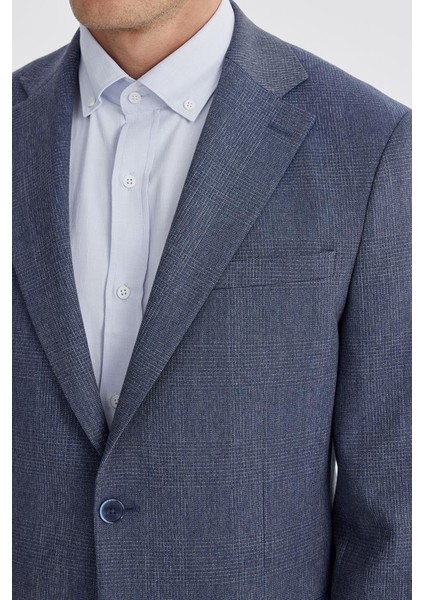Lacivert Slim Fit Ekose Kareli Çift Yırtmaçlı Ceket