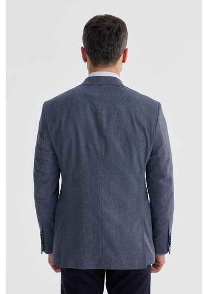 Lacivert Slim Fit Ekose Kareli Çift Yırtmaçlı Ceket