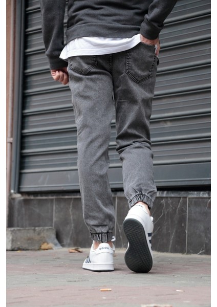 Erkek Gri Jogger Kot Pantolon - Lastikli Bel ve Paça, Yıkamalı Denim modelleri