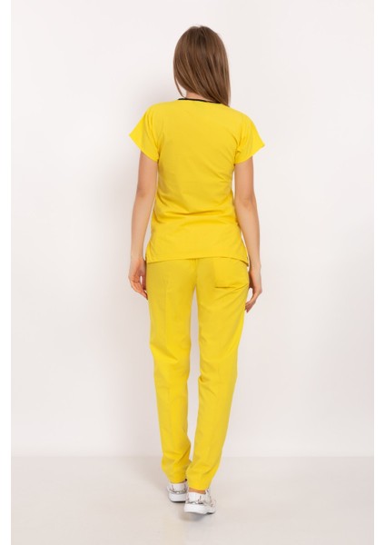 Sarı Terikoton Unisex Doktor Hemşire Hastane Scrubs Üniforma Takımı