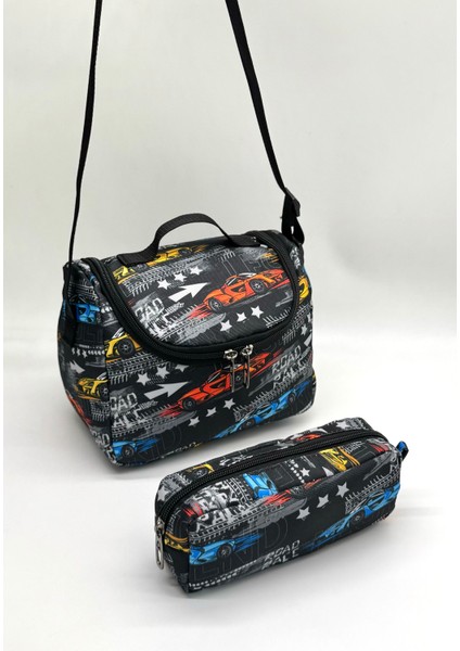 ilk Okul Çantası 3'lü Seti ilkokul Çantası Araba Desenli Erkek Çocuğu Kalemlik Sırt Çantası Siyah indirimleri