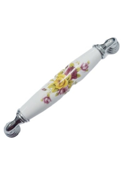 Beyaz Porselen Kulp Krom Ayak Sarı Çiçekli 128 mm / 5 Adet