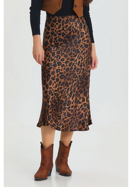 Leopar Desenli Midi Boy Saten Etek Taba