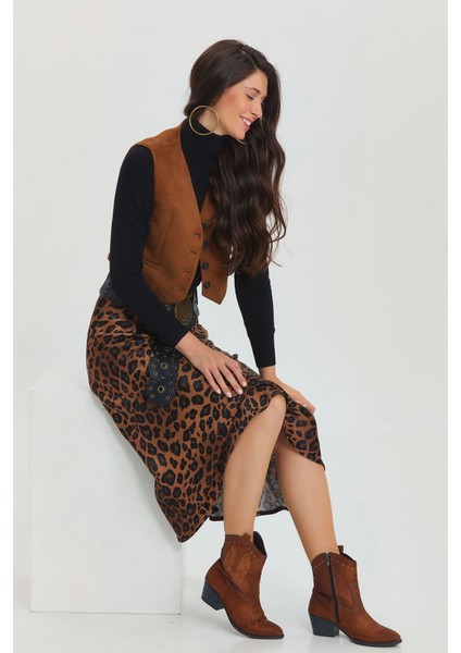 Leopar Desenli Midi Boy Saten Etek Taba