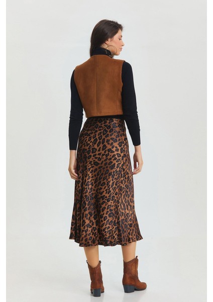 Leopar Desenli Midi Boy Saten Etek Taba