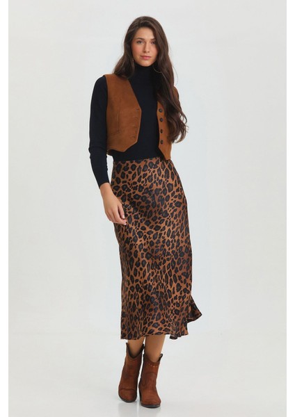 Leopar Desenli Midi Boy Saten Etek Taba
