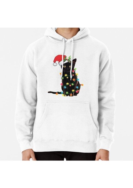 Santa Black Cat Tangled Up In Christmas Tree Lights Holiday Baskılı Sweatshirt