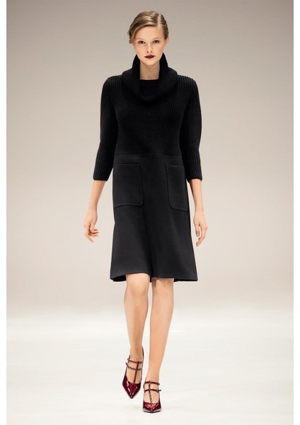 Balıkçı Yaka Cepli Yarım Kol Siyah Yün Elbise