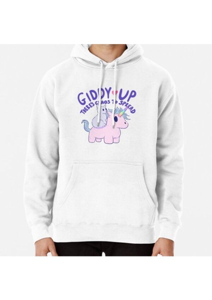 Cute Cat Riding Unicorn - Giddy Up, There’s Chaos To Spread Baskılı Sweatshirt