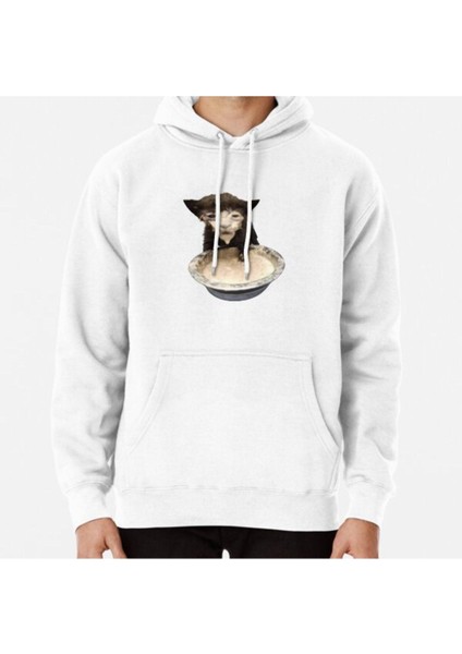 Milk Face Cat Meme (Cursed Milk Cat) Baskılı Sweatshirt