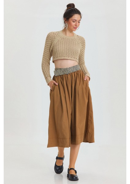 Beli Lastikli Hacimli Midi Boy Kloş Etek Taba