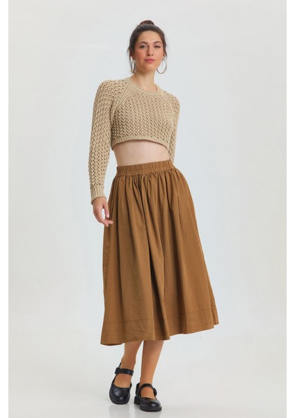 Beli Lastikli Hacimli Midi Boy Kloş Etek Taba modelleri