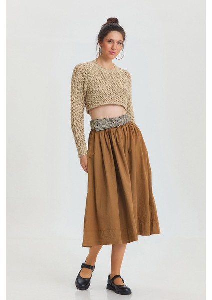 Beli Lastikli Hacimli Midi Boy Kloş Etek Taba fırsatları