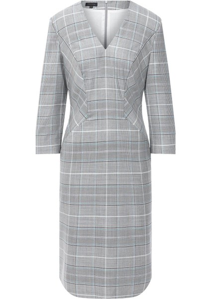 Desenli Yarım Manşet Kol V Yaka Pile Detaylı Gri Yün ve Ipek Elbise fırsatları