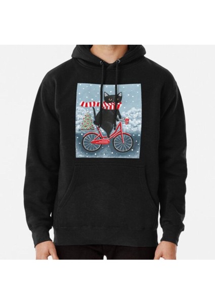 Black Cat Winter Bicycle Ride Baskılı Sweatshirt