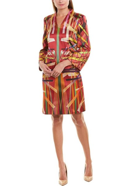 Renk Desenli V Yaka Uzun Kol Kırmızı Pamuk ve Ipek Elbise