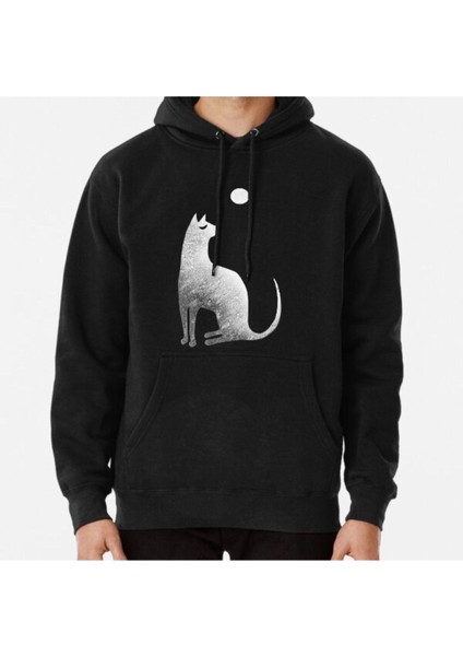 Ghost Cat And Moon In Black And White Baskılı Sweatshirt