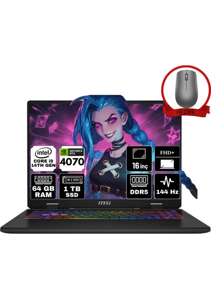 Msı Sword 17 Hx Intel Core I7 14700HX 64GB 1tb SSD RTX4070/8GB W11H 17" Fhd+ 165Hz Taşınabilir Bilgisayar B14VGKG-054XTR-A32 & Anzar Mouse