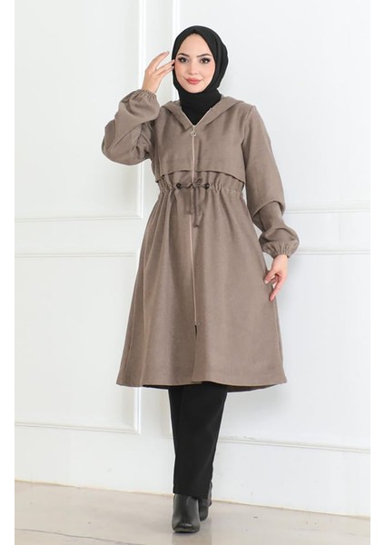 Kapüşonlu Fermuarlı Kaşe Kaban 0503-05 Vizon