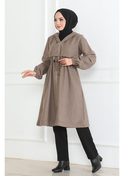 Kapüşonlu Fermuarlı Kaşe Kaban 0503-05 Vizon fiyatları