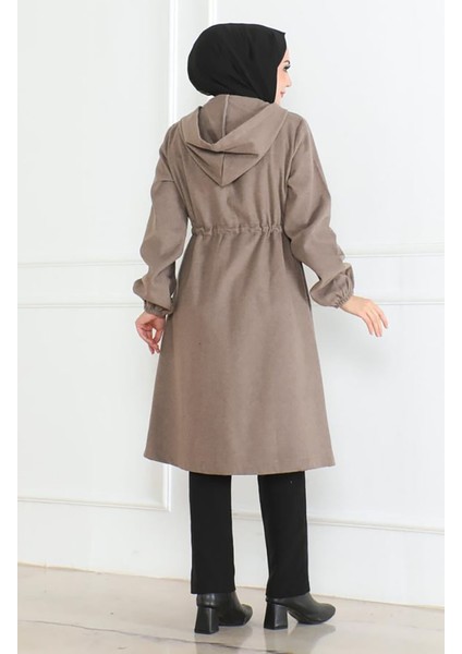 Kapüşonlu Fermuarlı Kaşe Kaban 0503-05 Vizon modelleri