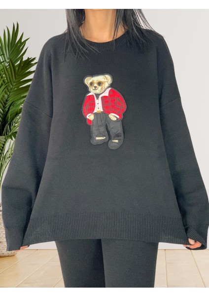 Kadın Uzun Kol Teddy Bear Bisiklet Yaka Triko Pantolon Takım (Siyah) modelleri
