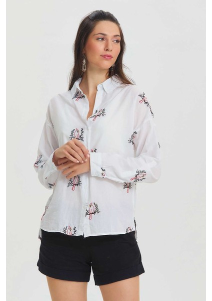 Nakış Kuş Işlemeli Pamuklu Gömlek Beyaz
