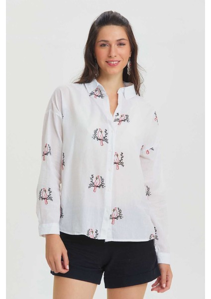 Nakış Kuş Işlemeli Pamuklu Gömlek Beyaz modelleri