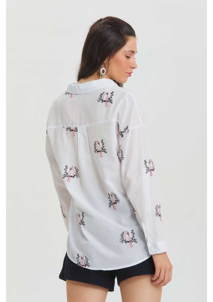 Nakış Kuş Işlemeli Pamuklu Gömlek Beyaz fırsatları