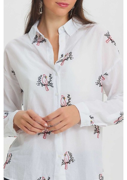 Nakış Kuş Işlemeli Pamuklu Gömlek Beyaz indirimleri
