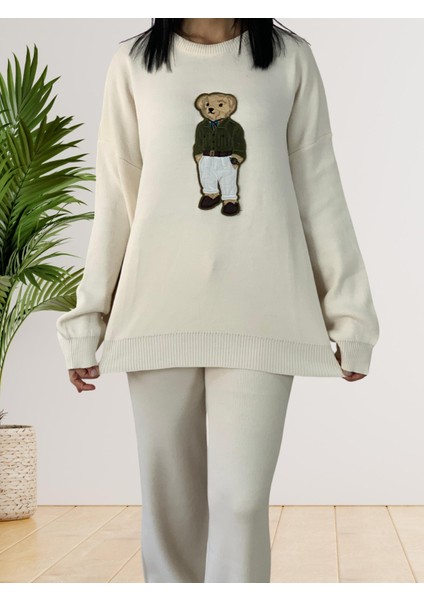 Kadın Uzun Kol Teddy Bear Bisiklet Yaka Triko Kazak Pantolon Takım (Krem)