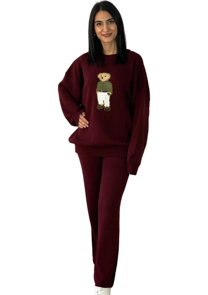 Kadın Uzun Kol Teddy Bear Bisiklet Yaka Triko Kazak Pantolon Takım (Bordo)