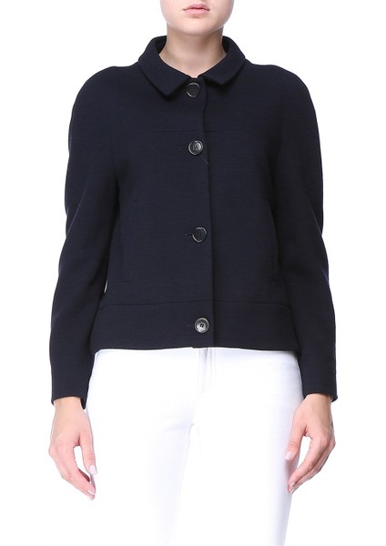 Düğmeli Yakalı Lacivert Yünlü Ceket