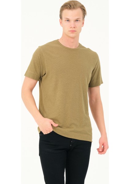 Msw erkek Regular Fit Kısa Kollu Keten Haki T-Shirt