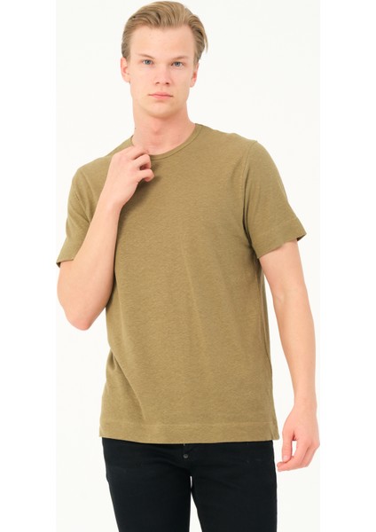 Msw erkek Regular Fit Kısa Kollu Keten Haki T-Shirt