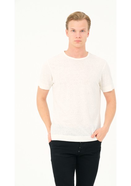 Msw erkek Regular Fit Kısa Kollu Keten Beyaz T-Shirt